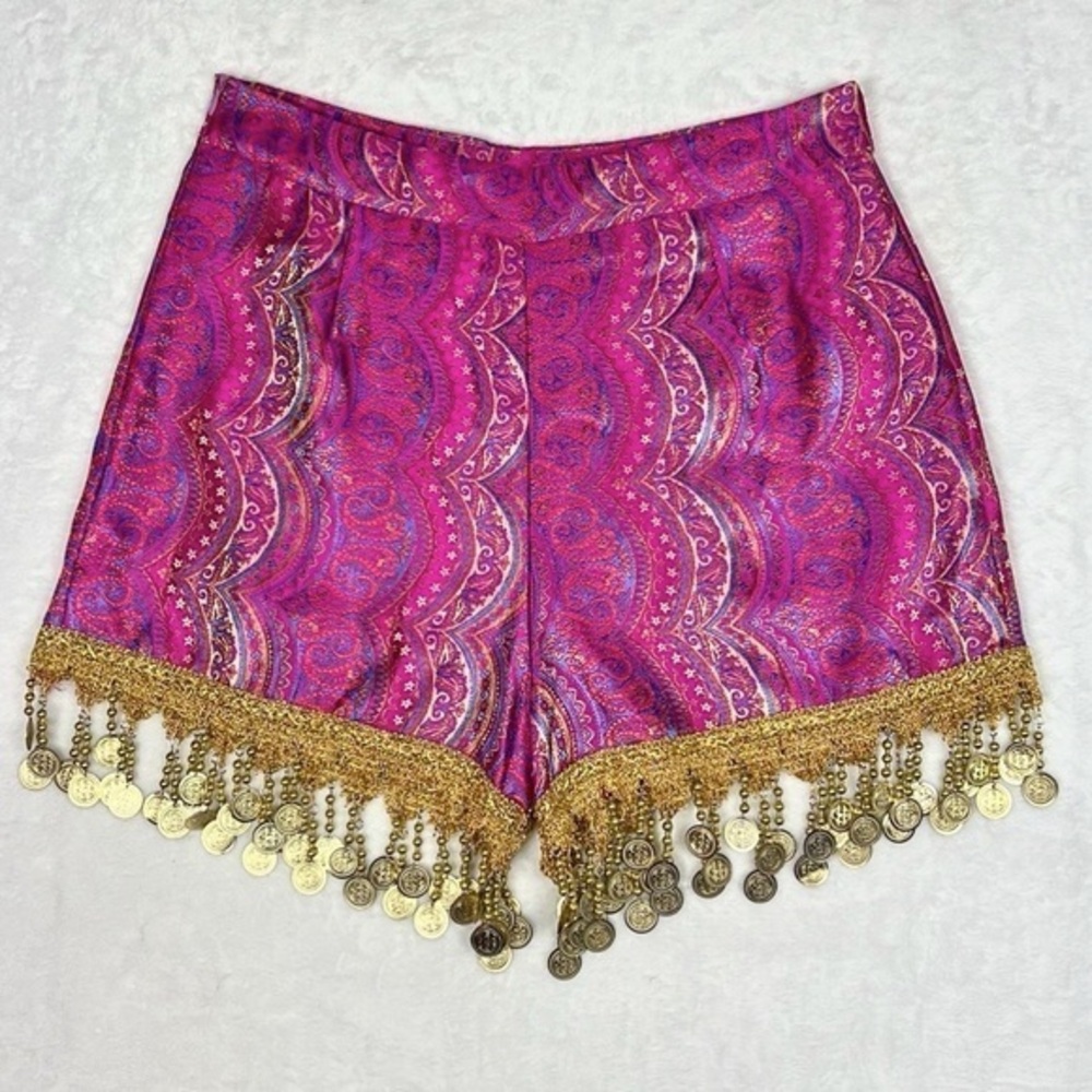 PLT Satin Paisley Gold Purple Pink Metallic Coin High Waisted Festival Shorts